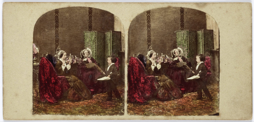 Detail of Scene in living room: grandmother, mother and boy by Anonymous