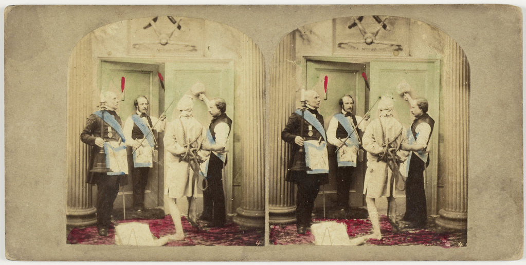 Detail of Scene in interior: three Freemasons and bound man by Anonymous