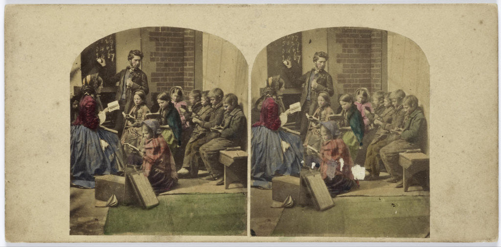 Detail of Scene in classroom, teacher headboard, class children with books by Anonymous