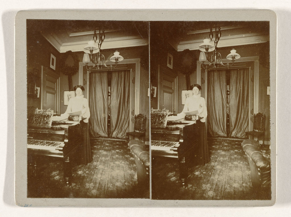 Detail of Woman with tray in her hand standing next to a piano by Anonymous