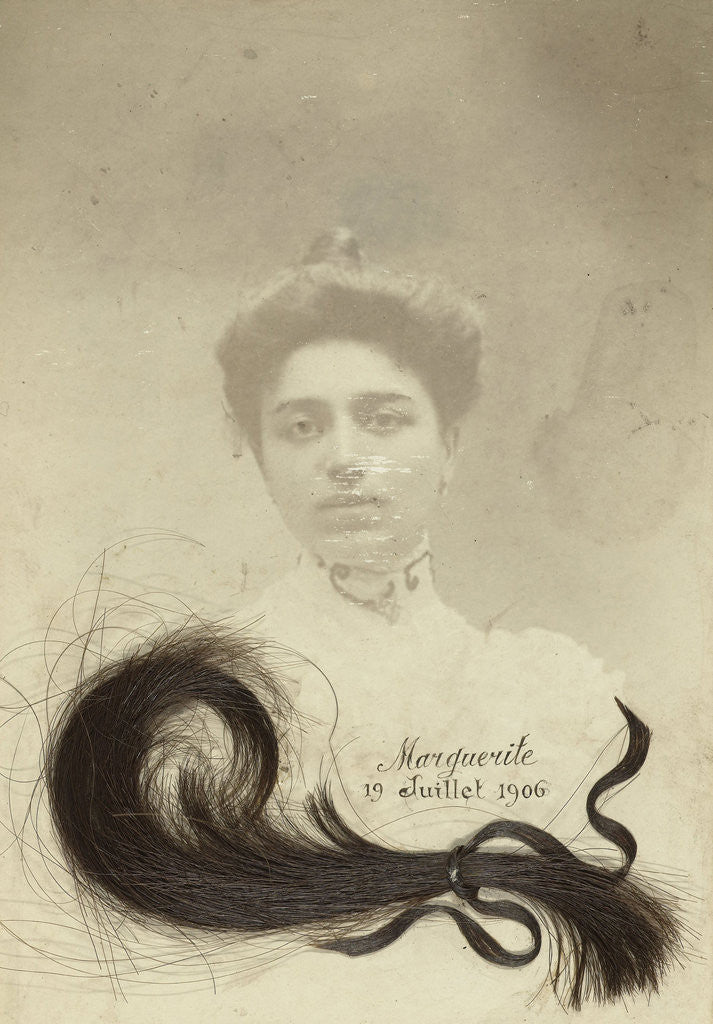 Detail of Portrait, memory of a deceased young woman named Marguerite; in the picture is a lock of hair glued by Anonymous