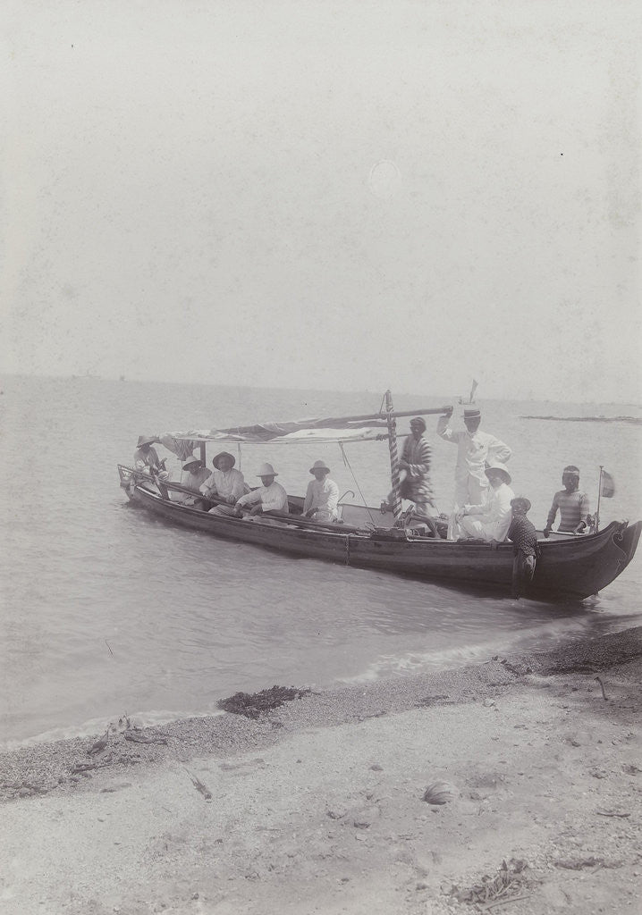 Detail of Group men in a boat on the beach in the Dutch East Indies, indonesia by Anonymous
