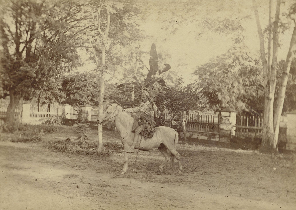 Detail of Buginese hunter in traditional clothes horse by Anonymous