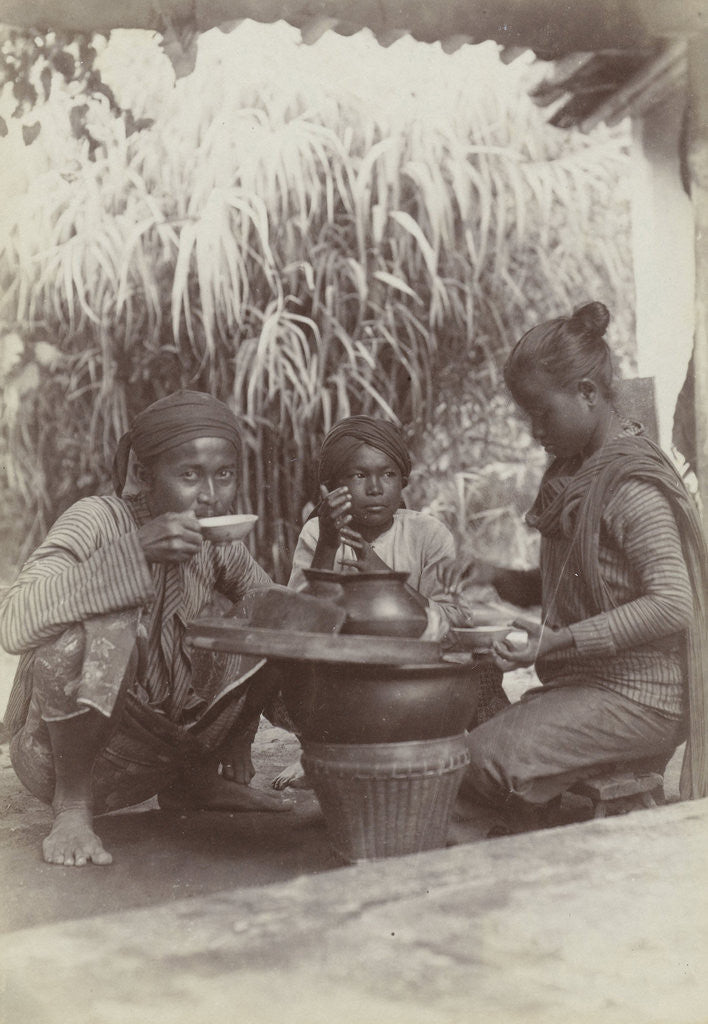 Detail of Coolies eat and drink crouching between the work, Indonesia by Anonymous