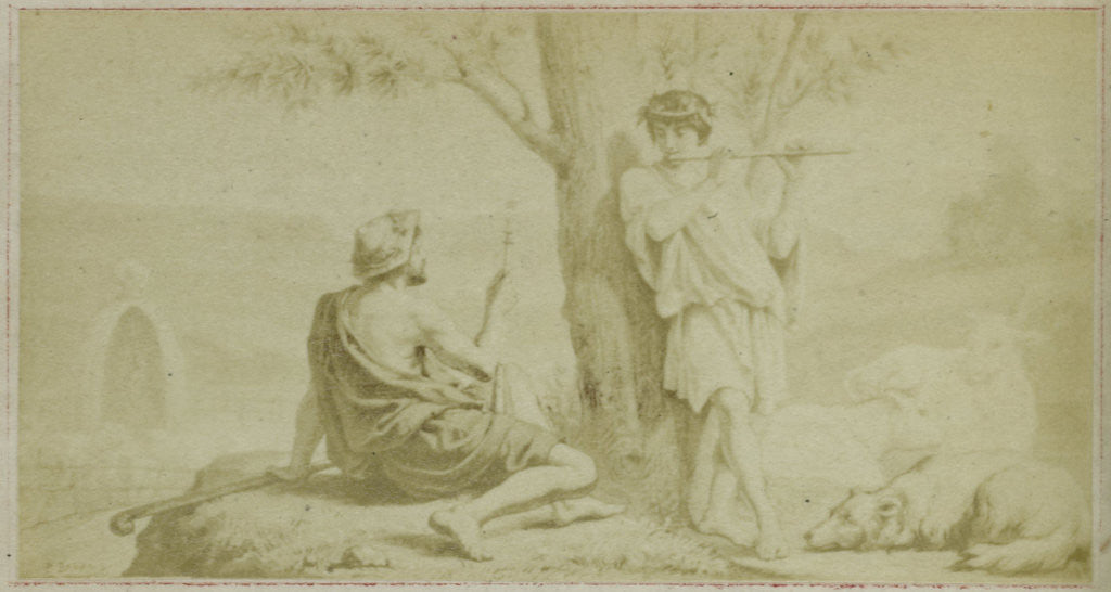 Detail of Virgil scene from the Bucolica, man and flute player by F. Barrias