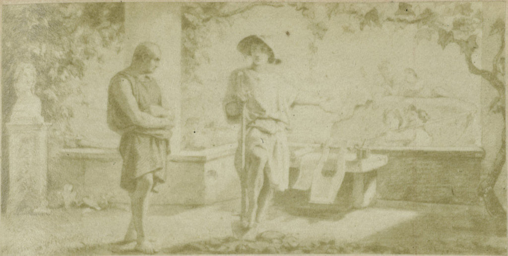 Detail of Quinti Horatii Flacci Epistolarum, two men on patio by Anonymous