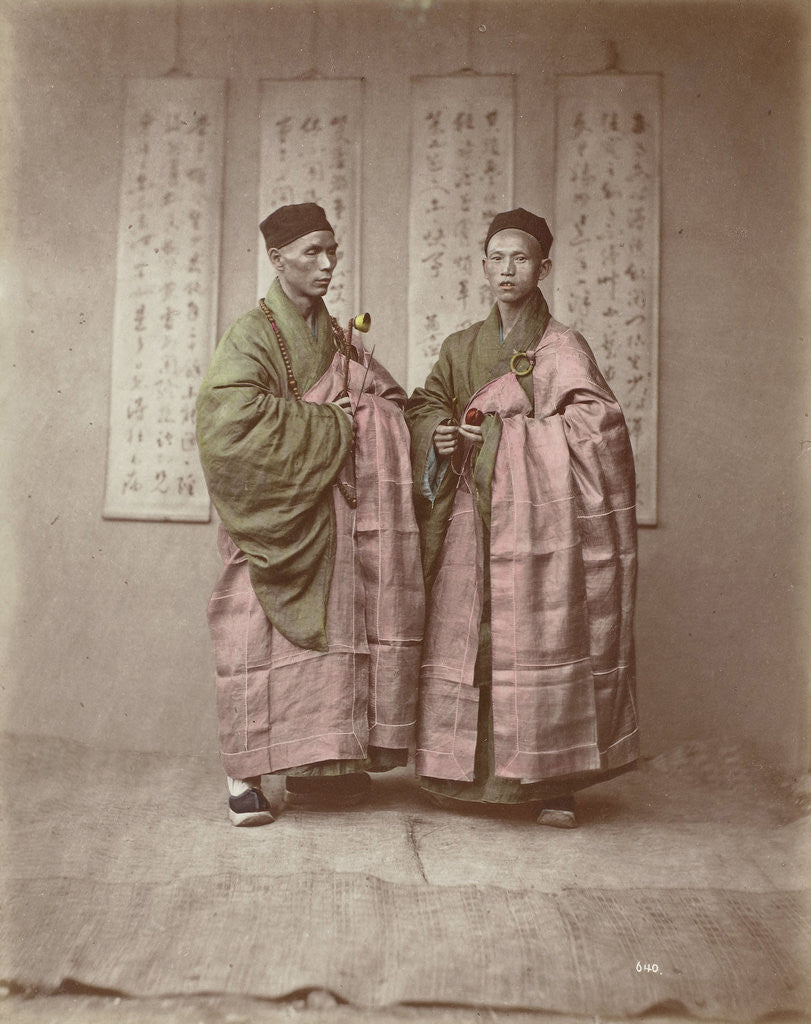 Detail of Portrait of two Chinese Buddhist monks with rosary, bell and slit drum by Baron Raimund von Stillfried und Ratenitz