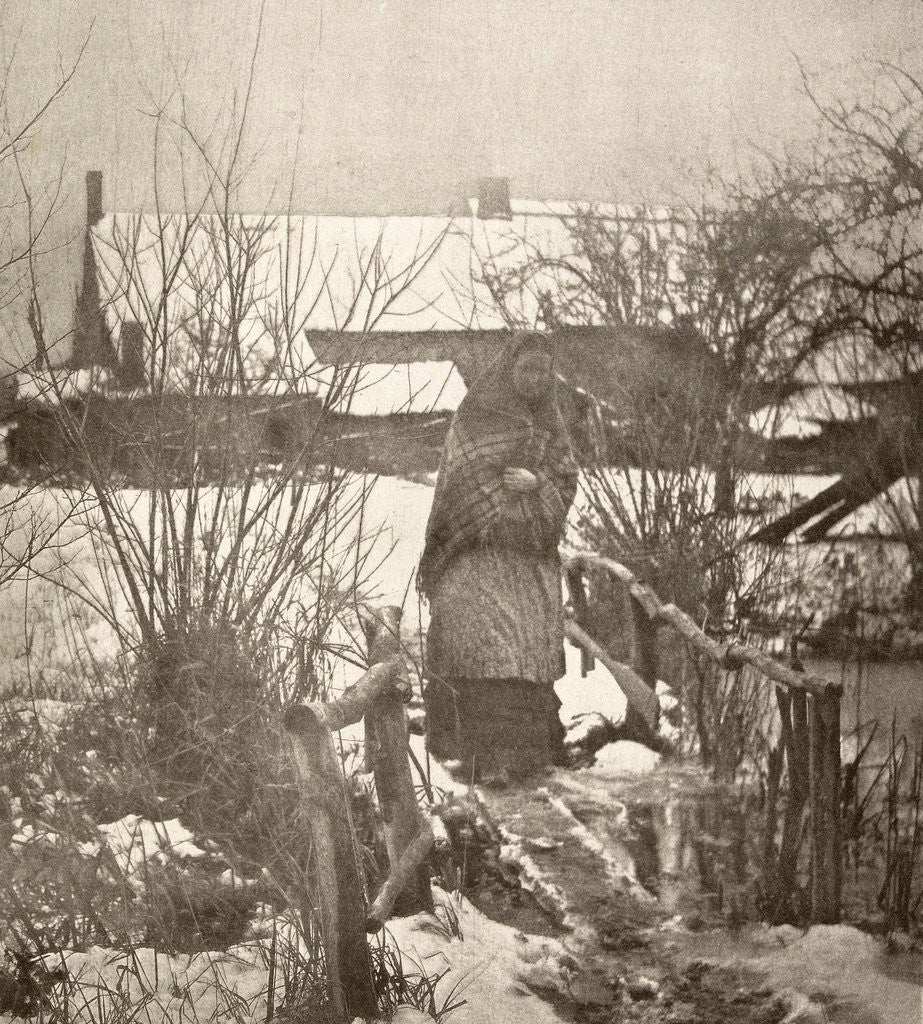 Detail of Woman on a bridge in a winter landscape by Peter Henry Emerson