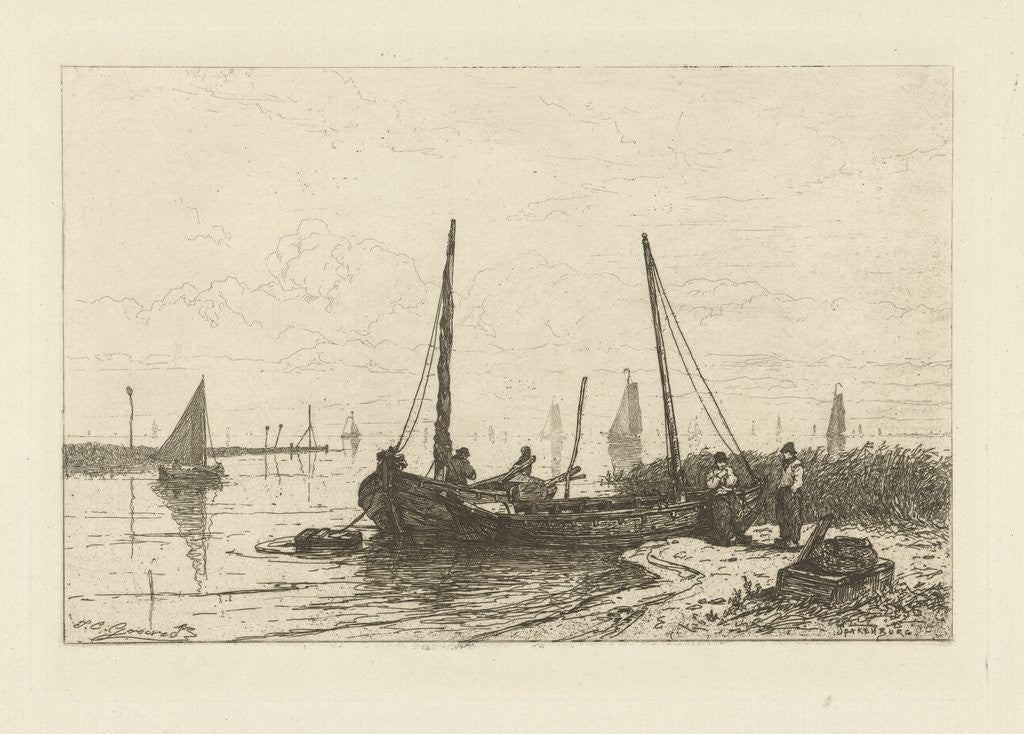 Detail of The Zuiderzee. In the foreground, a bank with a fishing boat by Johan Conrad Greive