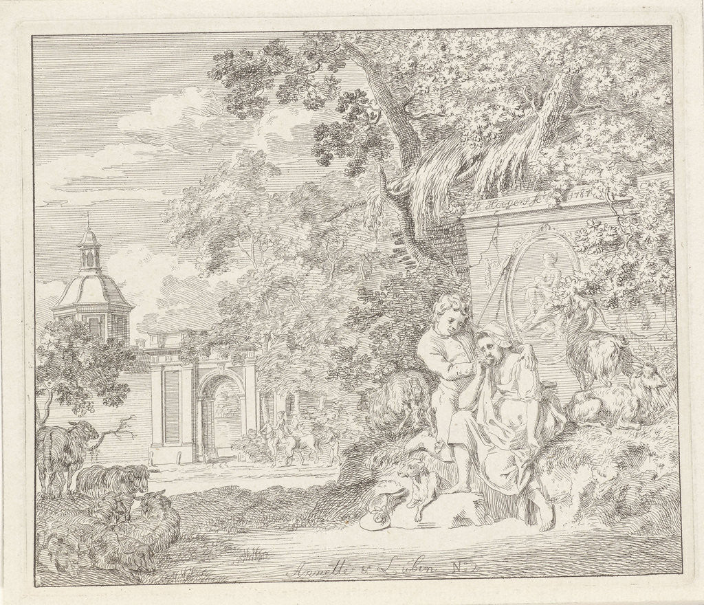 Detail of Couple at a classical monument and a gate by Henry Hoogers