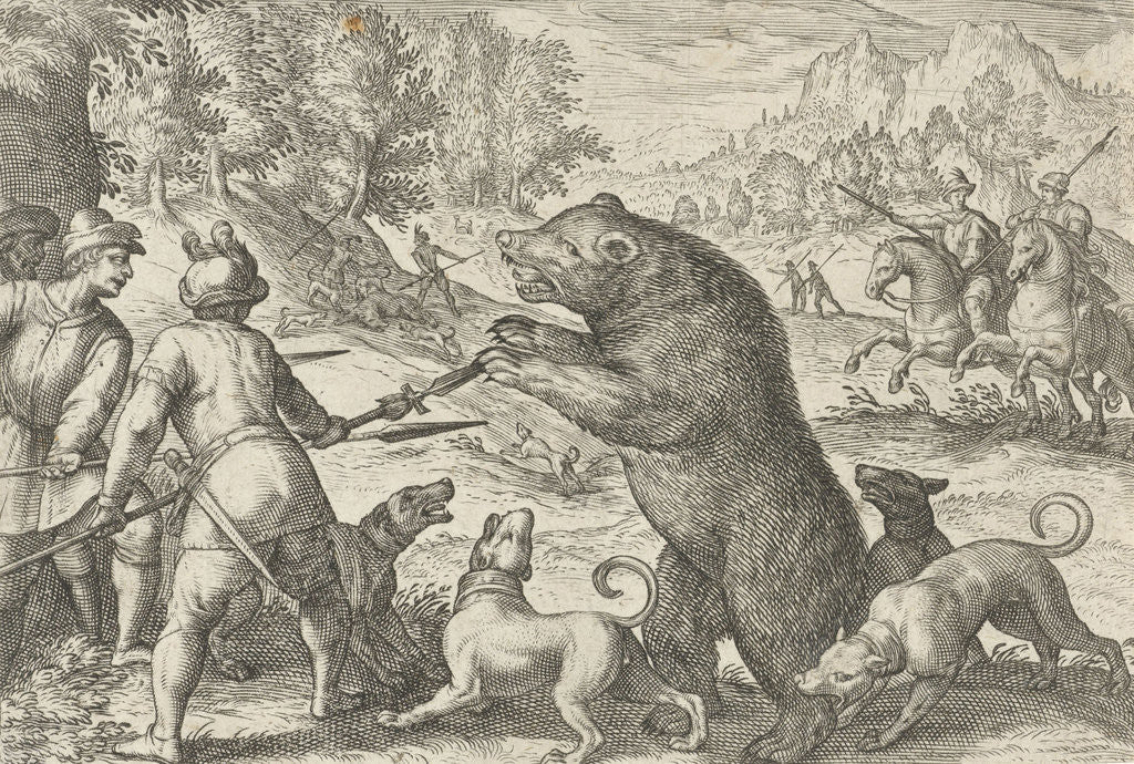 Detail of Landscape with bear hunting, Egbert Jansz., Antonio Tempesta by Johann Theodor and Johann Israel de Bry