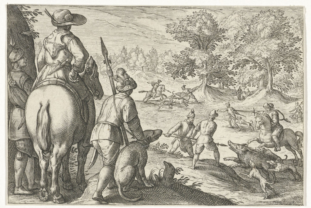 Detail of Landscape with wild boar hunting, Egbert Jansz., Antonio Tempesta by Johann Theodor and Johann Israel de Bry