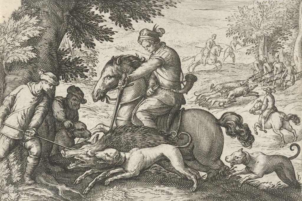 Detail of Hilly landscape with hunting wild boar, Egbert Jansz., Antonio Tempesta by Johann Theodor and Johann Israel de Bry