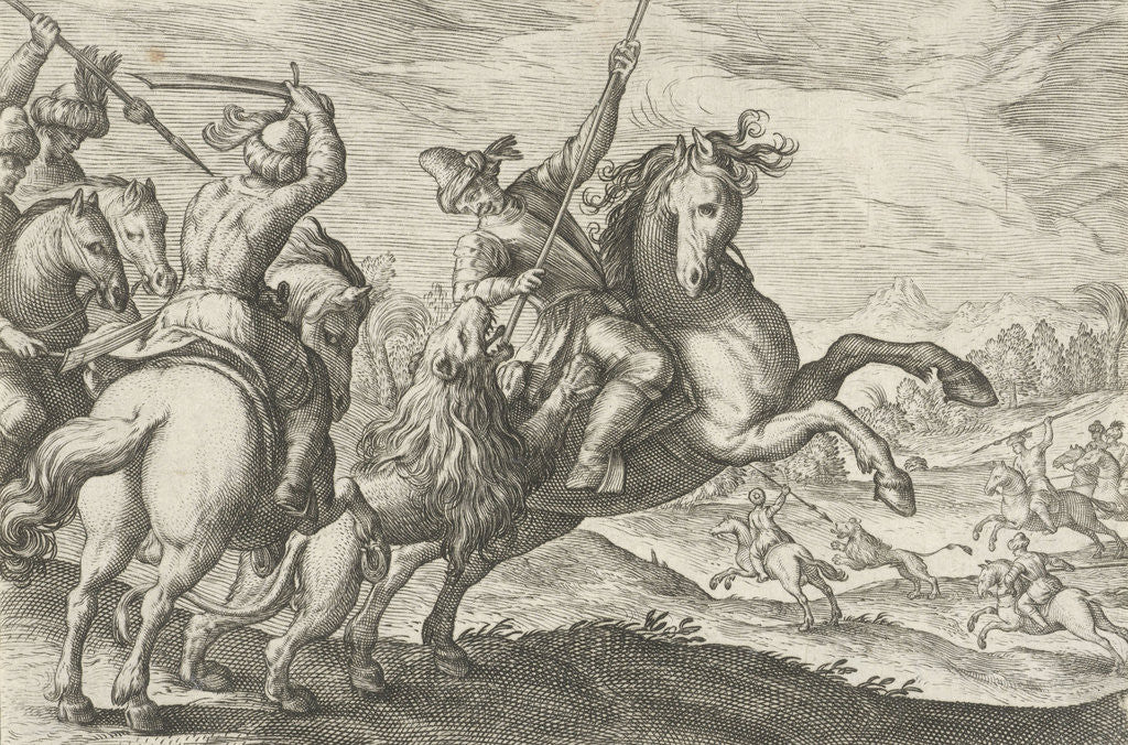 Detail of Lion Hunt, Egbert Jansz., Antonio Tempesta by Johann Theodor and Johann Israel de Bry