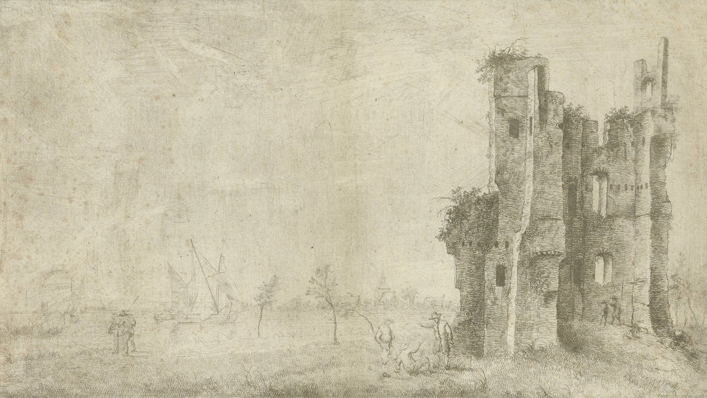 Detail of Ruin on a river by Hendrik Kobell