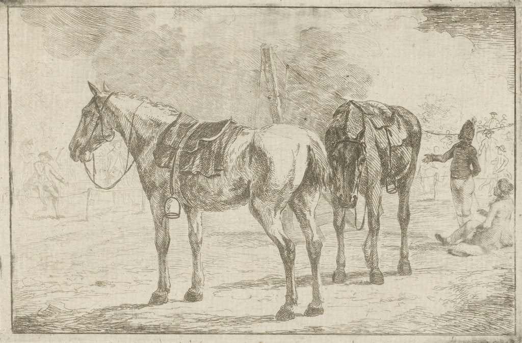 Detail of Two saddled horses at an army camp by Dirk Langendijk