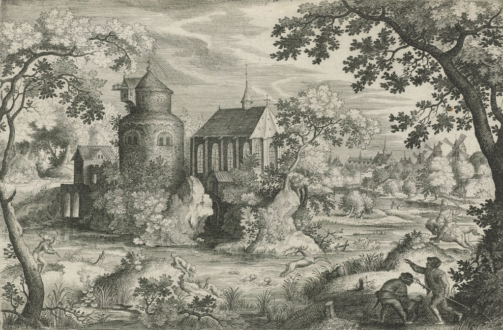 Detail of Deer Hunting with a chapel by Jacob Savery I