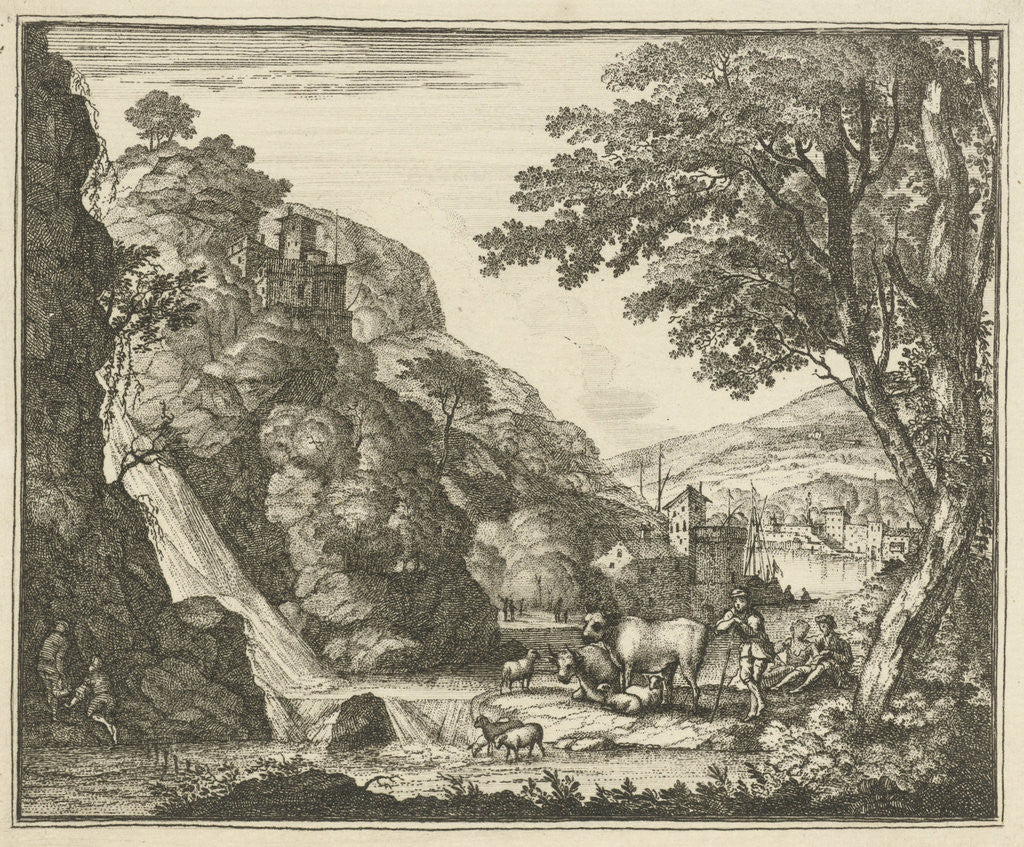 Detail of Shepherd with animals at a waterfall by Gerard Melder