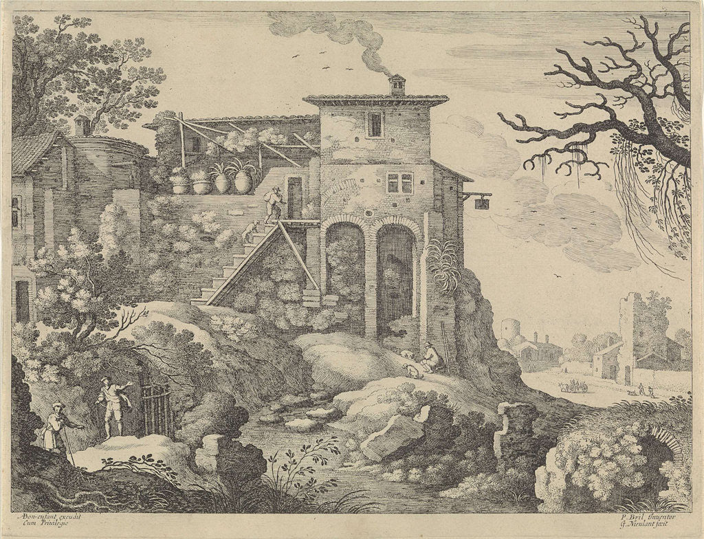 Detail of Italian landscape with an inn by Antoine Bonenfant