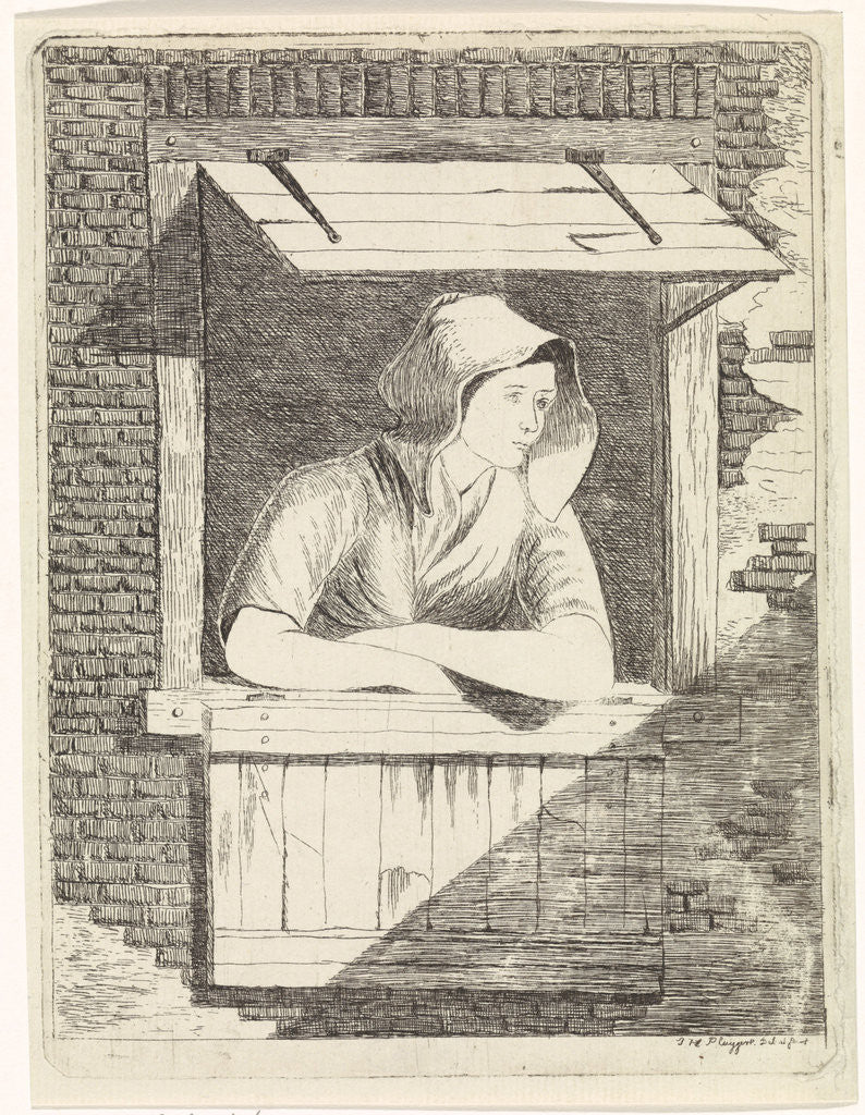 Detail of A woman with a hood on the head leaning out a window with horizontal blinds by J.H. Pluygers