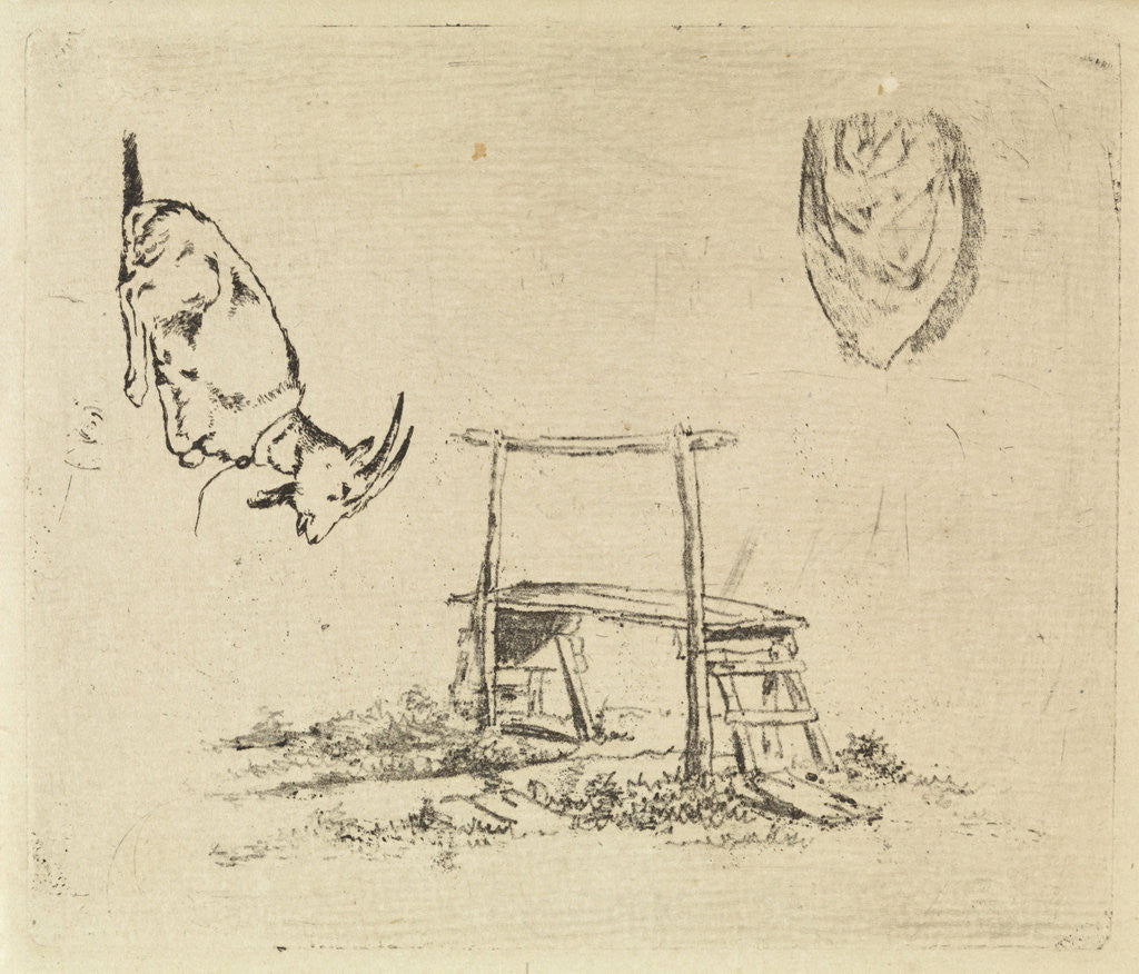 Detail of Study Sheet with reclining goat, a wooden bench and a drapery by Johannes Huibert Prins