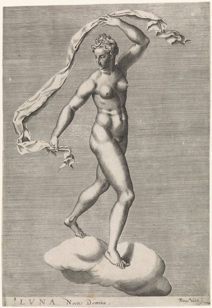 Detail of Diana as the moon goddess Luna on a cloud, the moon on the forehead, from a series of prints with planets by Pieter Valck