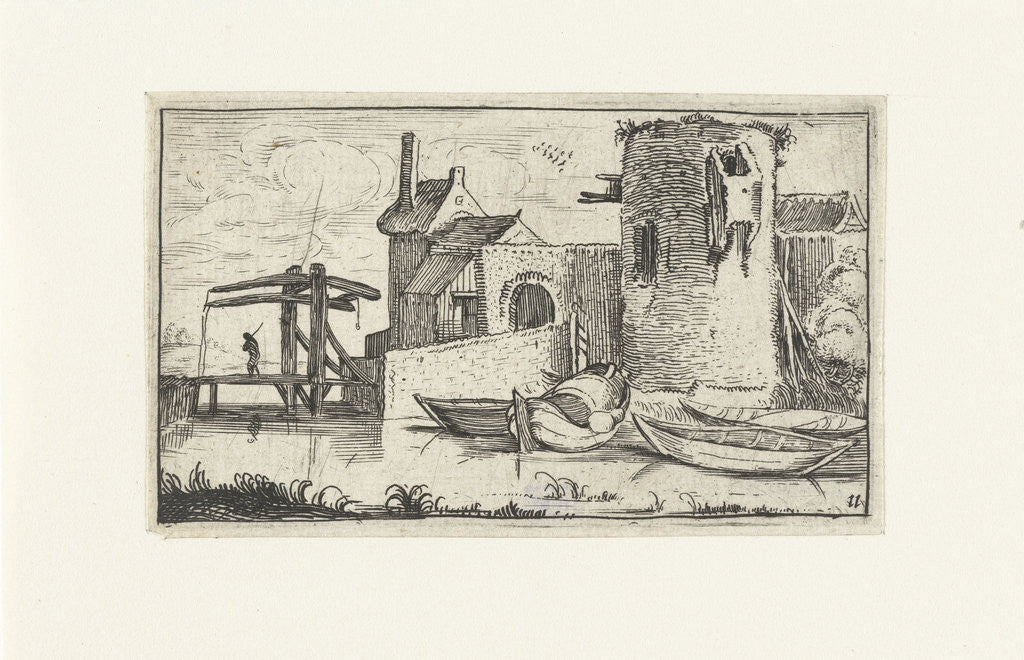 Detail of building with dilapidated tower with a drawbridge by Anonymous