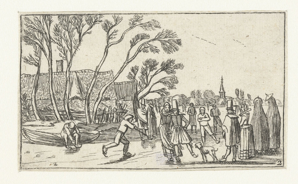 Detail of Skaters on the ice at a farm by Claes Jansz. Visscher II