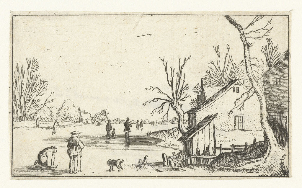 Detail of Farm with frozen river with skaters on the ice by Claes Jansz. Visscher II