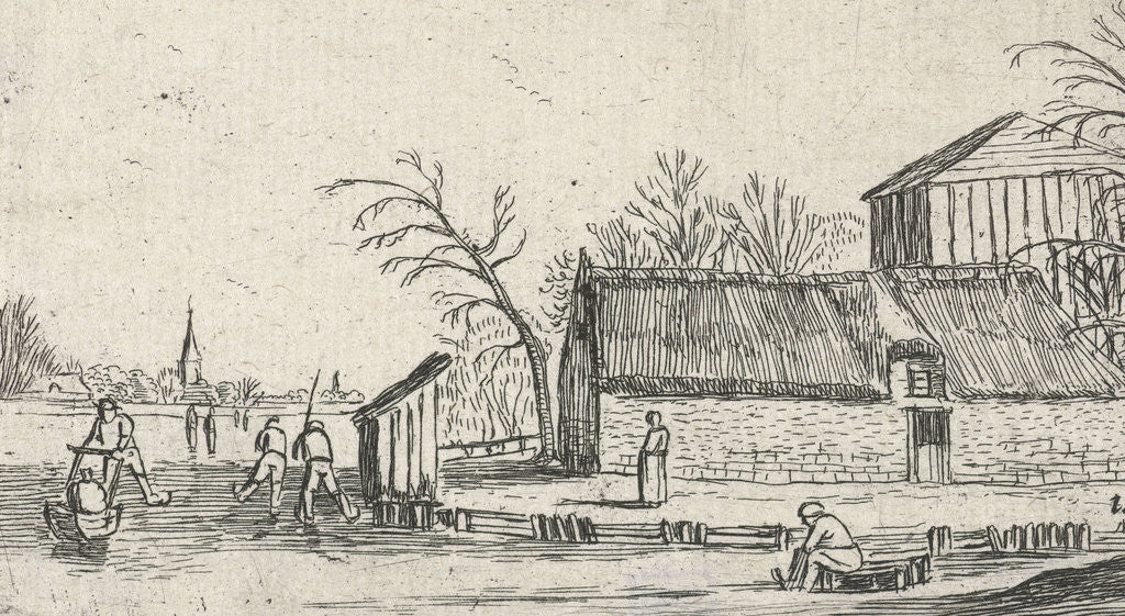Detail of Frozen river with skaters on a farm by Claes Jansz. Visscher II