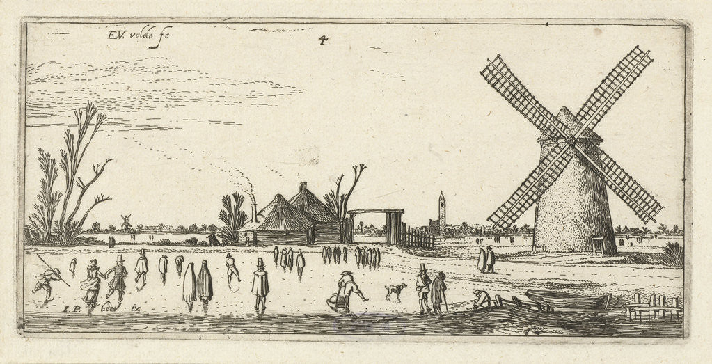 Detail of Skaters on the ice at a mill near Penningsveer by Esaias van de Velde