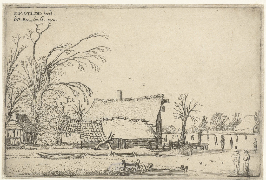 Detail of Farm in frozen river with skaters by Esaias van de Velde