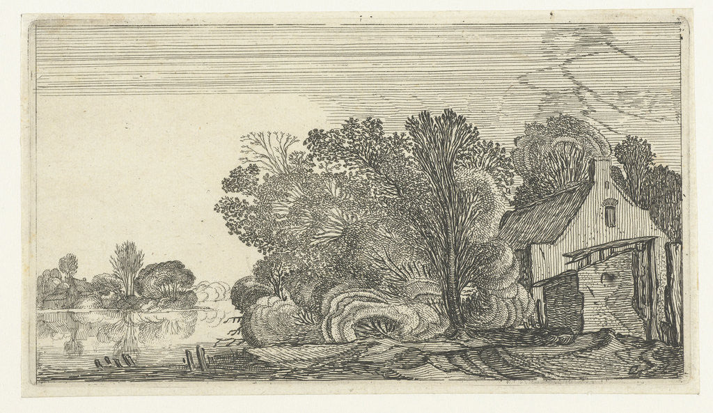Detail of Farmhouse between trees on a river by Anonymous
