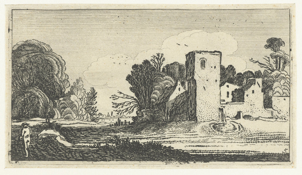 Detail of Landscape with square tower at homes by Anonymous