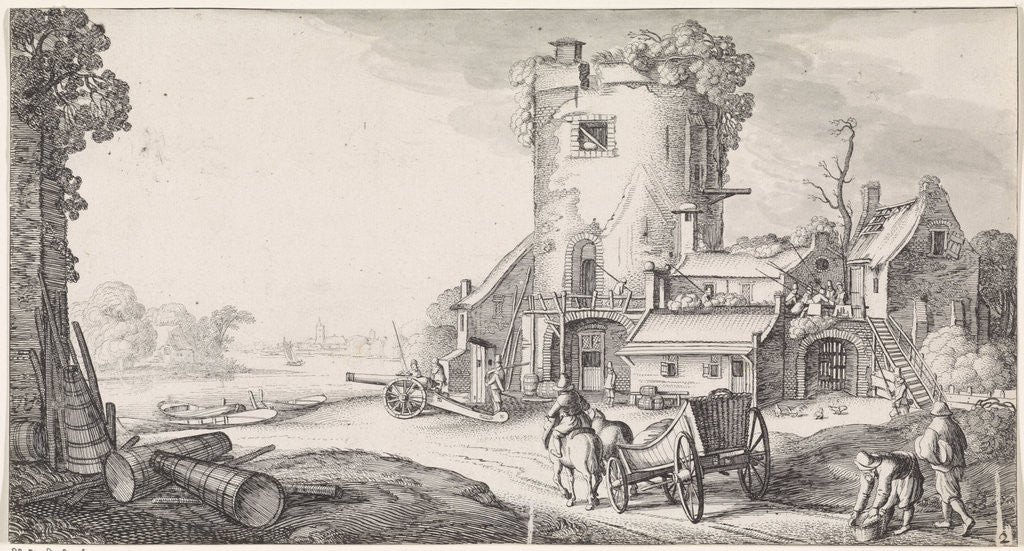 Detail of Soldiers in a tower in a river landscape by Jan van de Velde II