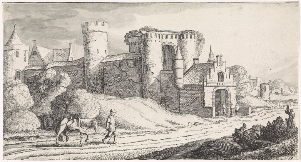 Detail of Farmer with a horse on a road along a castle by Jan van de Velde II