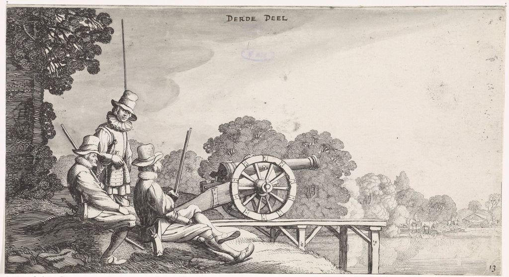 Detail of Soldiers with a gun on a dock on a river by Jan van de Velde II
