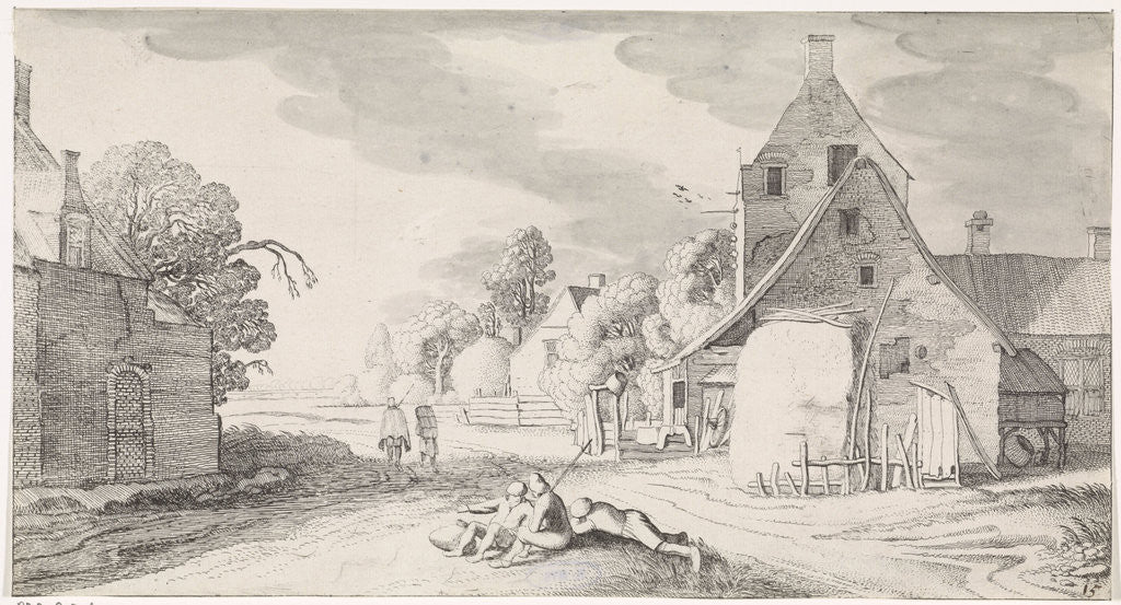 Detail of Resting farmers along a road in a village by Jan van de Velde II