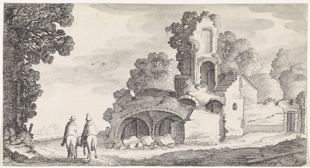 Detail of Two riders seen from behind on a path along a ruin by Jan van de Velde II