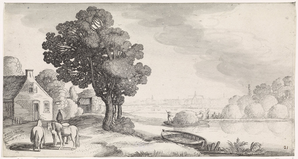 Detail of Transport of hay on a river with Haarlem, The Netherlands in the distance by Jan van de Velde II