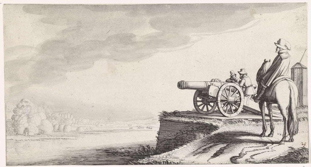 Detail of Horseman and two soldiers with a gun on a riverbank by Jan van de Velde II
