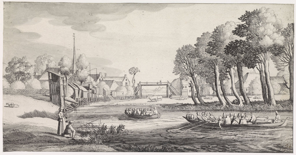 Detail of On a river, passengers in large rowboats approaching a village by Jan van de Velde II
