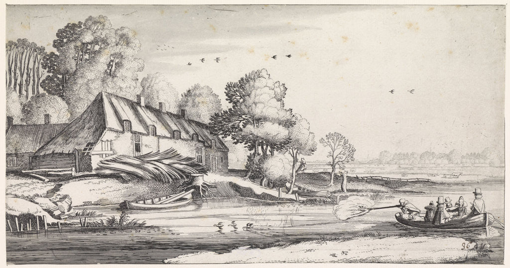 Detail of Duck hunting on a river at a farm by Jan van de Velde II