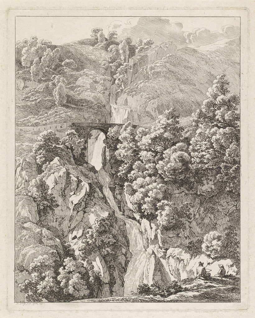 Detail of Rocky Landscape with a waterfall by Hendrik Voogd