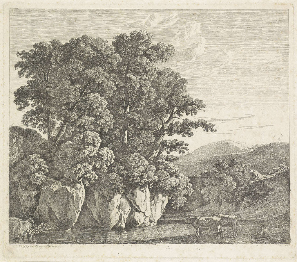 Detail of Landscape with Shepherd sitting with two cows by Hendrik Voogd