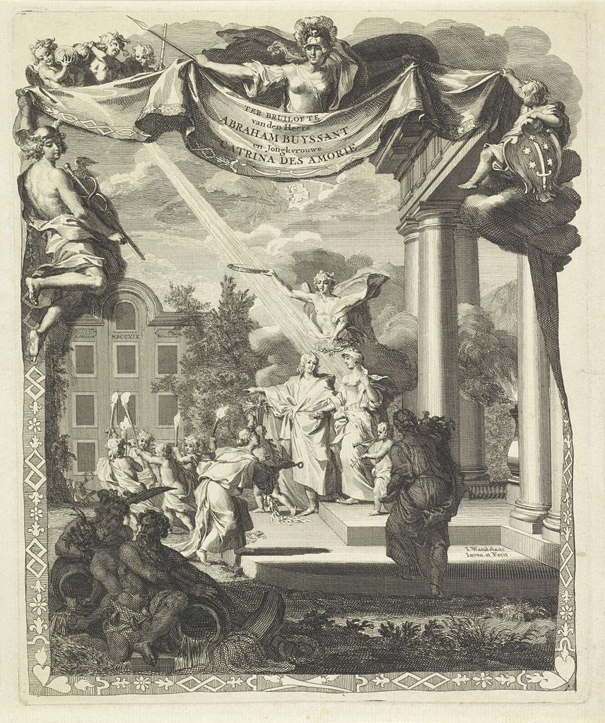 Detail of The wedding couple is standing on the steps of a classical buildin by Jan Wandelaar