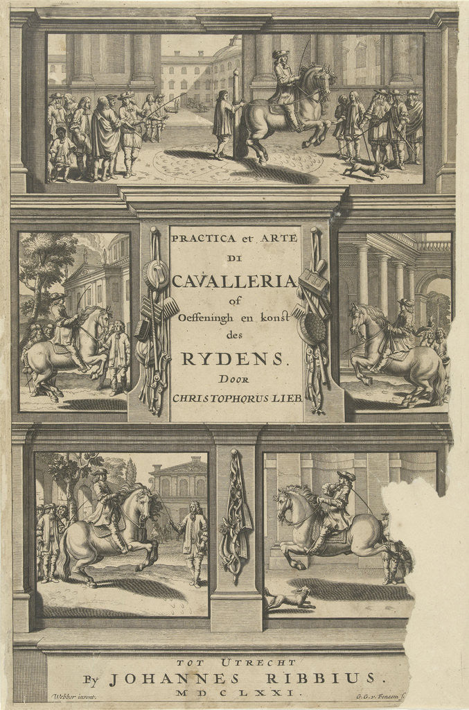 Detail of Engraving for practicals et arte di cavalleria or oeffeningh and constable of rydens, 1671 by Johannes Ribbius