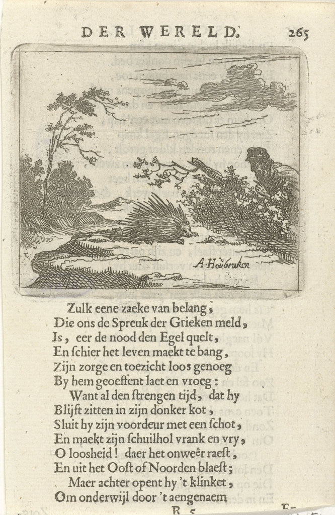 Detail of Man sneaks a porcupine by Arnold Houbraken