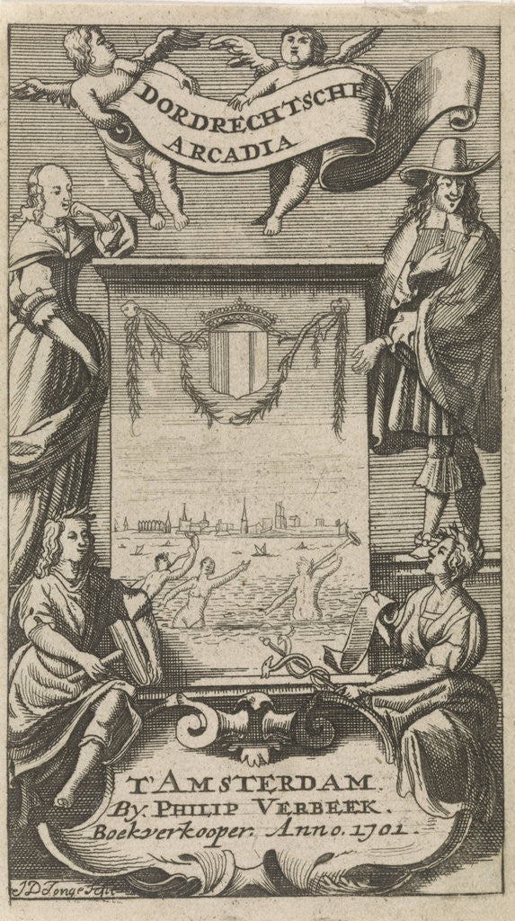 Detail of Four figures around a frame with view of Dordrecht by Philip Verbeek