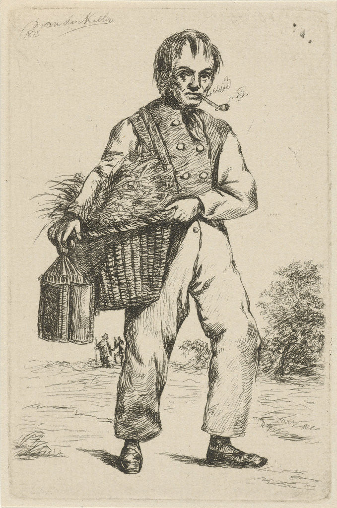 Detail of With a basket under his arm and a lantern in hand, walks a pipe-smoking gardener outdoors by David van der Kellen II